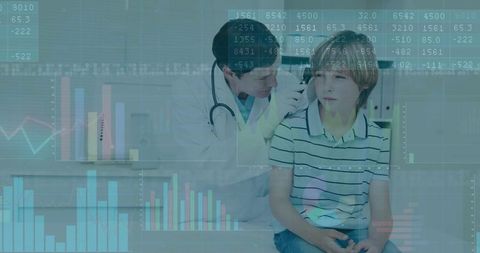 Doctor examining boy with otoscope, data overlays concept