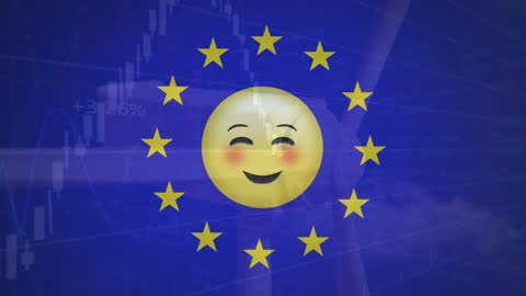 Smiling Emoji over EU Flag with Data and Wind Turbine Graphics