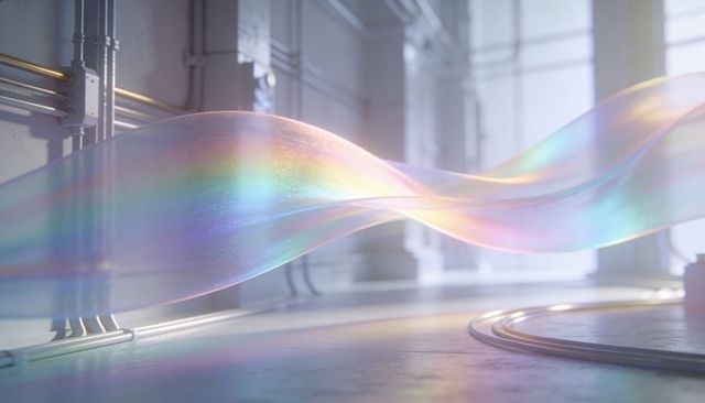 Translucent iridescent ribbon flowing through industrial hall casting prism light and color