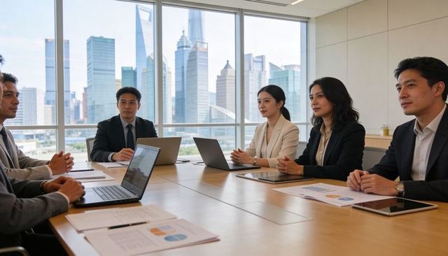 Executives sitting around boardroom table reviewing financial reports with skyline view