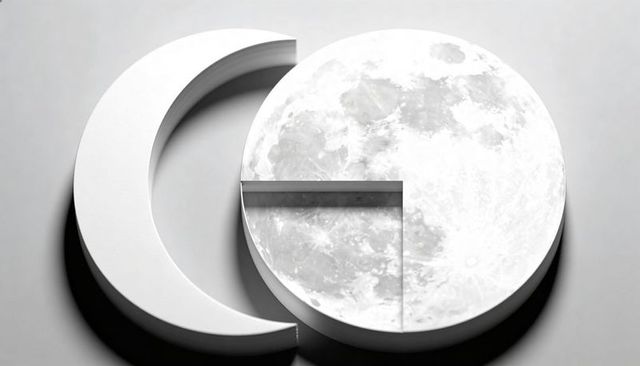 Moon-textured circular disk overlapping crescent ring with notched shelf and dramatic shadows
