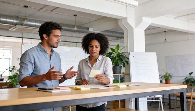 Two coworkers discussing ideas with sticky notes in modern open-plan office workspace