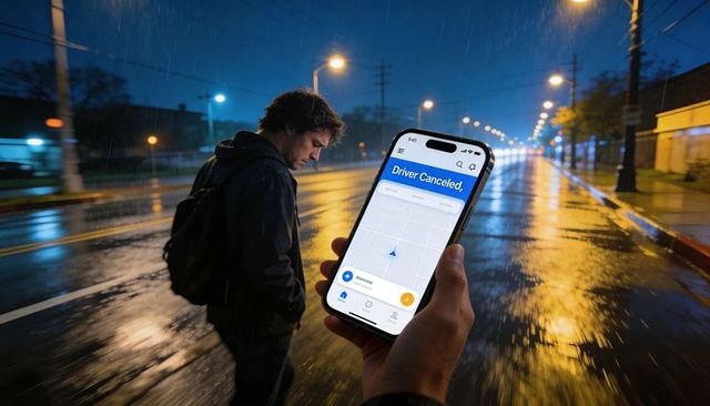 Holding Phone Showing Driver Canceled While Waiting on Rainy Night Urban Street
