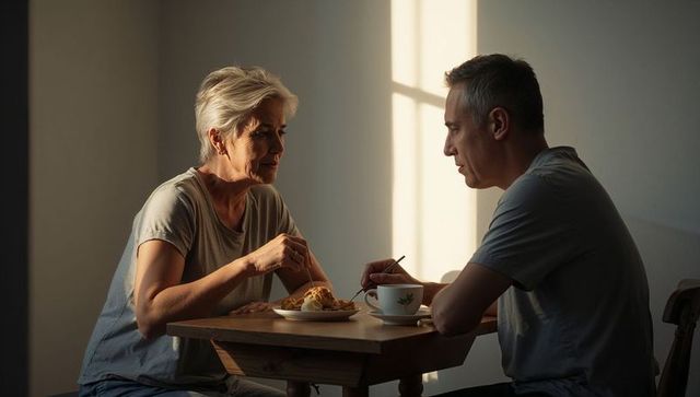 Mature couple sharing quiet dinner and heartfelt conversation in warm sunlit kitchen