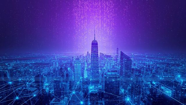 Futuristic Cyberpunk City Skyline with Digital Mesh Networks