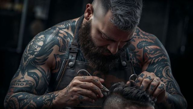 Muscular tattooed barber cutting hair with shears and comb in moody cinematic portrait