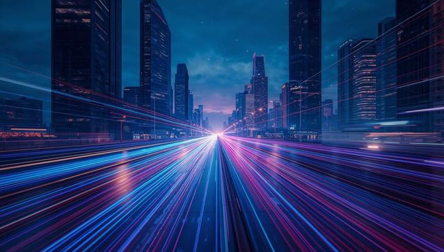 Neon Light Trails in Futuristic City at Night