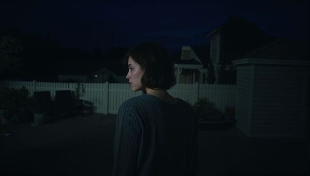 Contemplative woman standing in backyard at night facing left near white picket fence