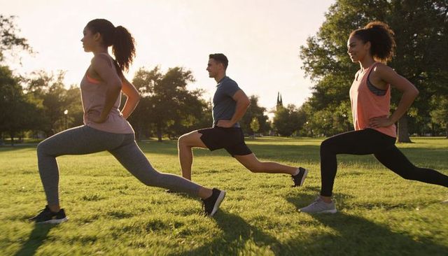 Three-person fitness group performing lunges on sunlit park lawn for outdoor workout