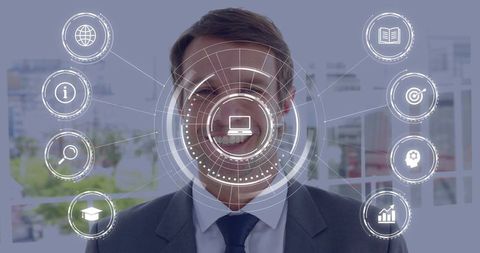 Smiling Business Executive Wearing Suit with Futuristic HUD Showing Technology Leadership
