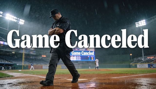 Umpire walking off rain-soaked baseball field after stadium game cancellation