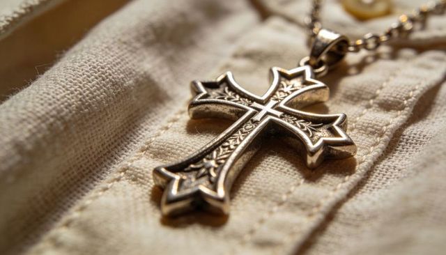 Ornate silver cross pendant resting on textured beige linen close-up with chain