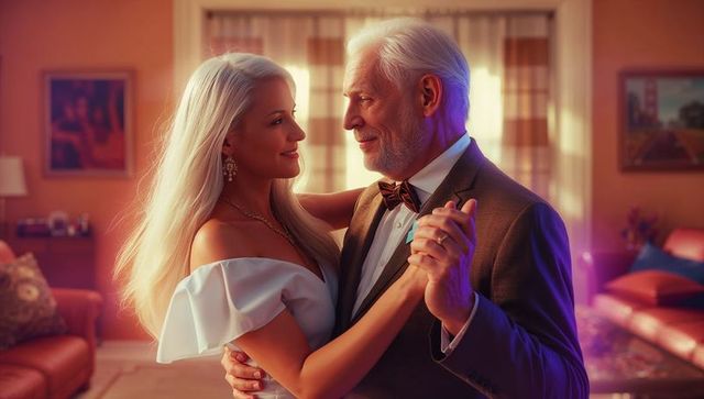 Elegant Senior Couple Dancing in Domestic Setting