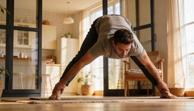 Man stretching wide forward bend barefoot on rug at home in sunlit living room