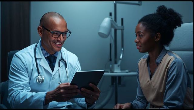 Doctor Consulting Patient Using Digital Tablet in Modern Clinic