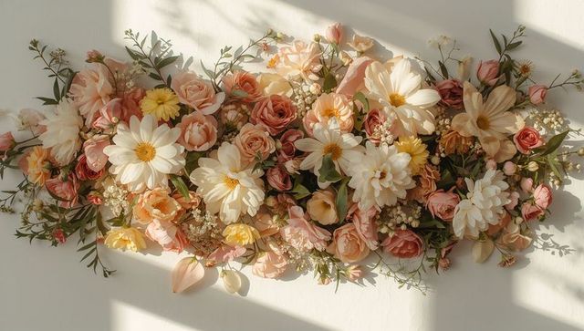 Soft pastel floral garland with cream daisies and peach roses basking in sunlit shadows