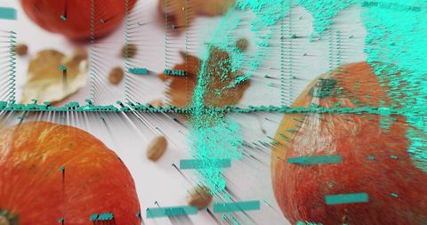 Gourd glitching with teal particle scatter, macro pumpkin closeup with seeds and digital distortion