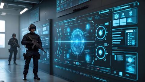 Tactical bodyguard monitoring advanced holographic panels in control center