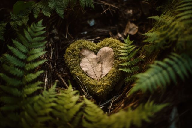 Heart-shaped leaf resting on moss surrounded by green ferns in a forest environment, signifying nature's beauty and love. Ideal for environmental campaigns, romantic themes, social media posts on love and nature, eco-friendly product promotions, or nature-themed artwork.