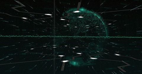 Abstract digital globe with futuristic data points and light trails