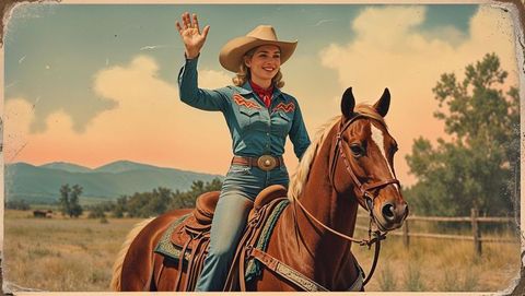 Cowgirl in denim riding horse and waving on grassy plains