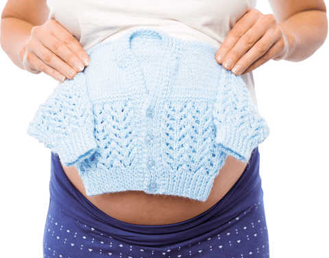 Pregnant woman holding baby clothes transparent background