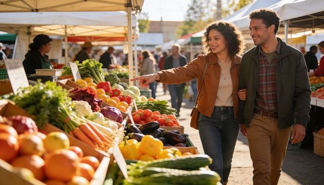 Young couple browsing colorful produce at sunlit farmers market