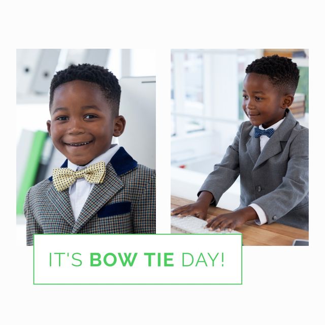 Collage of african american smiling cute boy wearing suit and bowtie and it's bow tie day text. Copy space, childhood, happy, digital composite, image montage, menswear, fashion, elegance concept.