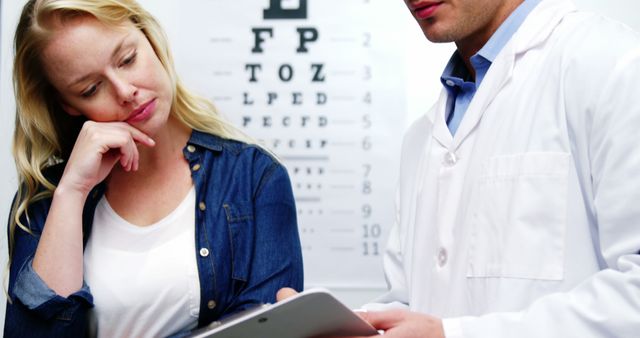 A woman is discussing her eye examination results with an optometrist in a clinic. The optometrist, wearing a white coat, holds a clipboard while the woman listens attentively. There is an eye chart visible in the background. This is a great fit for websites and materials related to optometry, healthcare, medical consultations, and vision care education.