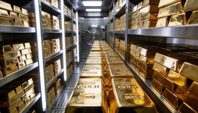 Glistening gold bars stacked in secure bank vault corridor reflecting overhead lights