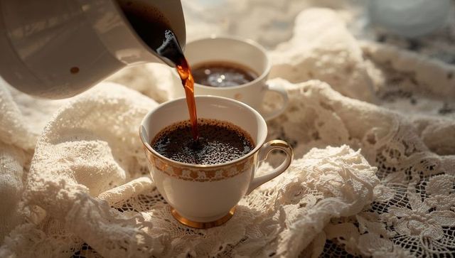 Pouring coffee into vintage porcelain teacup with gold rim on lace, cozy morning light