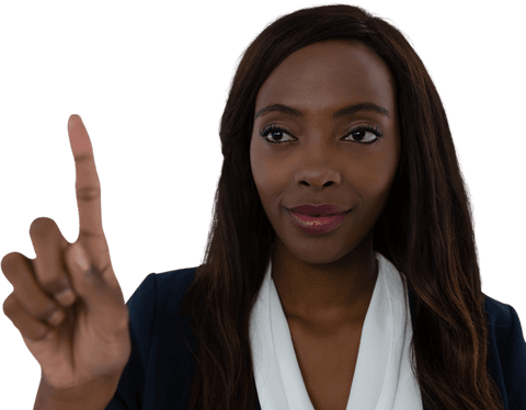 A businesswoman points as if using an interactive digital interface. This depiction of technology and innovation suits various uses such as illustrating corporate presentations, advertisements for tech services, or educational mockups. Her poised expression highlights professionalism and expertise, reinforcing themes of leadership and forward-thinking strategies.
