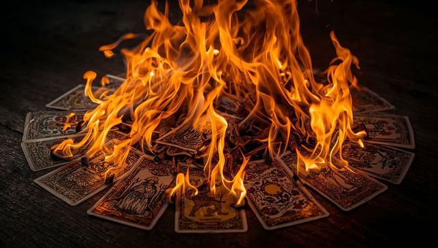 Burning tarot card spread with licking flames on dark wood evoking ritual and fate
