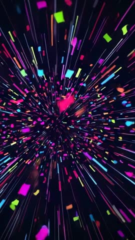 Vertical neon particles streaming outward in cosmic burst with luminous streaks