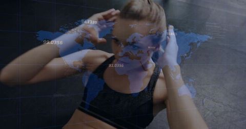 Athlete preparing with hand wraps and digital world map overlay