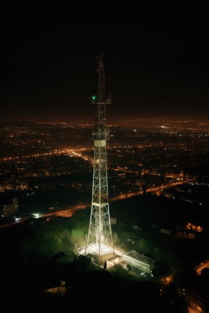 Telephone tower in city at night, copy space, created using generative ai technology. Communication, cell tower and wireless telephone technology concept digitally generated image.