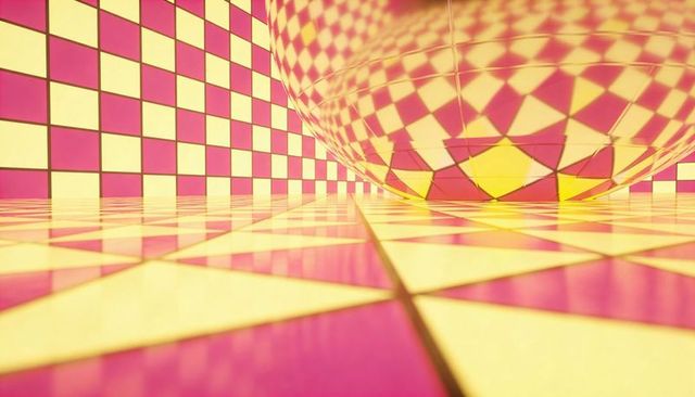 Mirrored sphere distorting pink yellow checkered tiles on glossy reflective floor