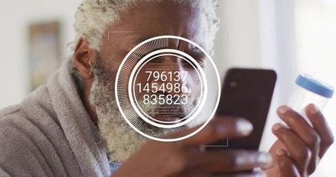 Midlife man holding smartphone scanning blue-capped sample vial with augmented reality hud