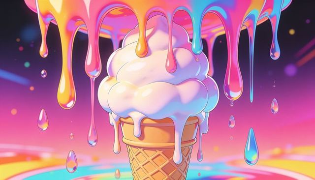 Melting waffle cone dripping iridescent rainbow syrup over glossy white soft serve
