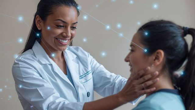 Smiling clinician performing neck examination with digital network overlay for telemedicine