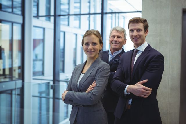 Business executives standing confidently with arms crossed in a modern office. Ideal for use in corporate websites, business presentations, team-building materials, and professional networking profiles.