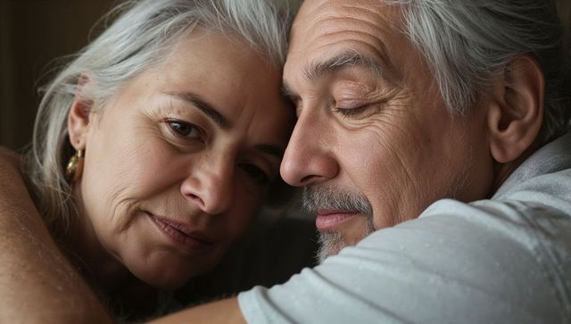 Senior couple sharing tender close embrace, gray-haired partners showing lasting affection