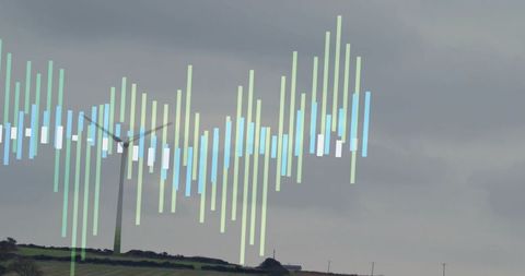Soundwave overlaying wind turbine on overcast rural hillside representing renewable energy data