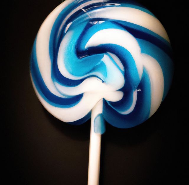 Close up of round blue and white lollipop on black background. Candy, sweets, food and drink concept.