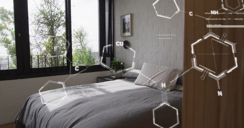 Digital scientific visualization over minimalist bedroom