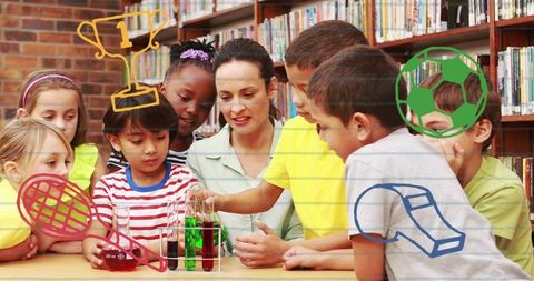 Teacher guiding elementary students conducting colorful chemistry experiment in library