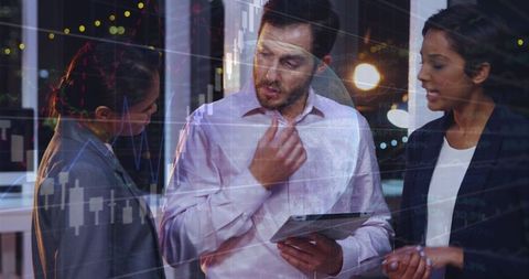 Modern Business Team Working with Global Financial Data Overlay