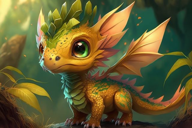 Image of cute green dragon over jungle, using generative ai technology. Dragon and fantasy concept.