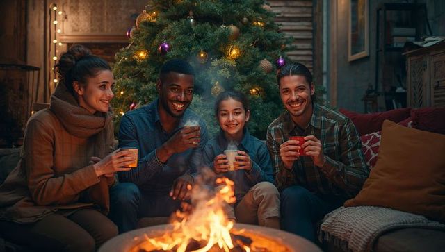 Family gathering by christmas tree sharing warm holiday beverages