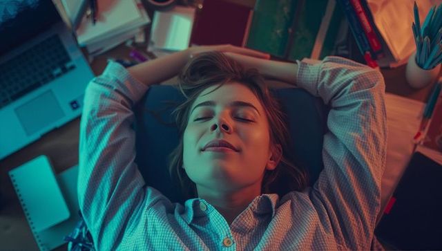 Woman relaxing at home workspace with books and laptop virtual study